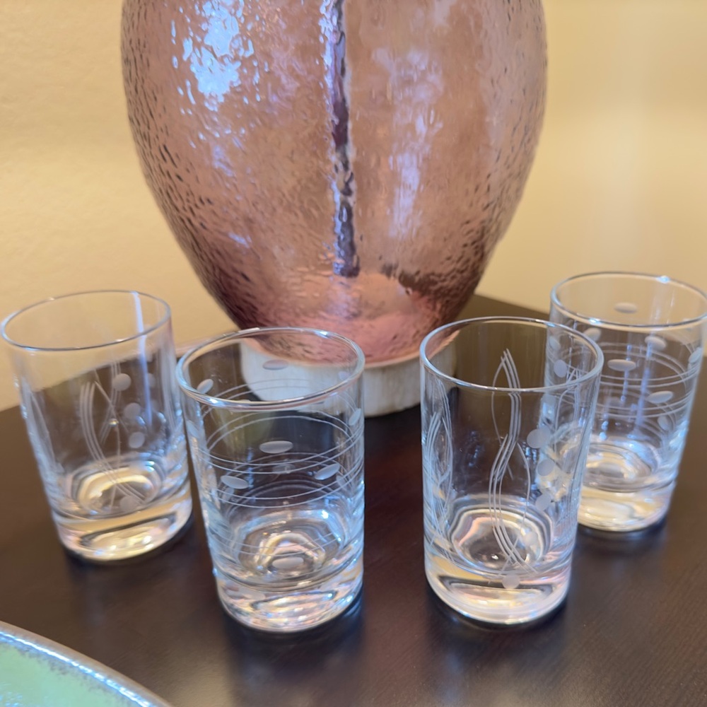 Set of Four Cool MCM Retro Clear Etched Shot Glasses